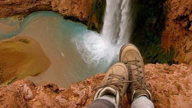 Boots over waterfall representing bootstrapping.