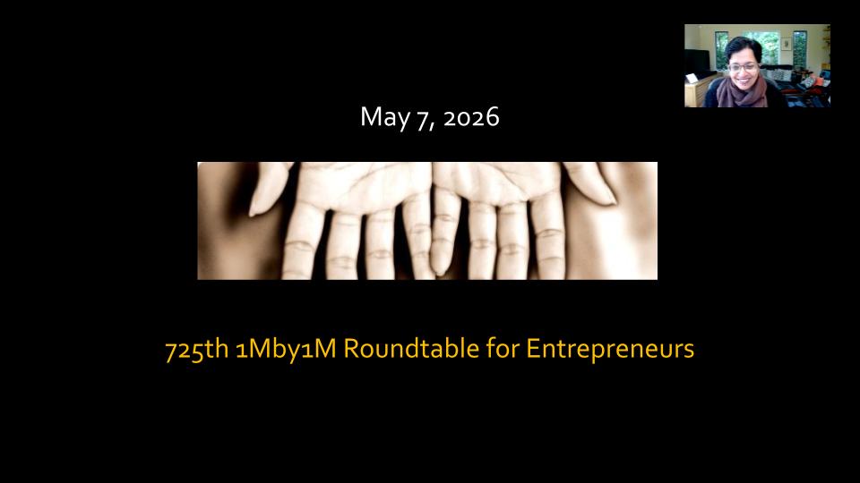 Photo of Sramana Mitra speaking during a virtual 1Mby1M roundtable discussion on equity-free startup accelerators and capital efficiency.